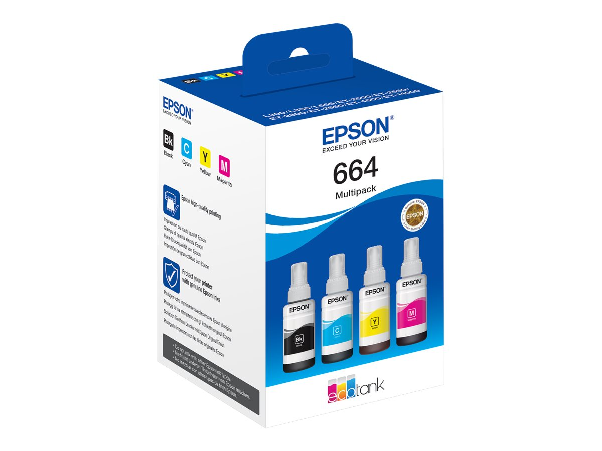 Epson 664 Multipack-Tintenflaschen. In der Box, weißer Hintergrund.