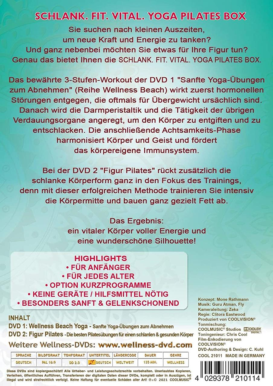 Rückseite einer DVD mit Text über Yoga- und Pilates-Übungen.