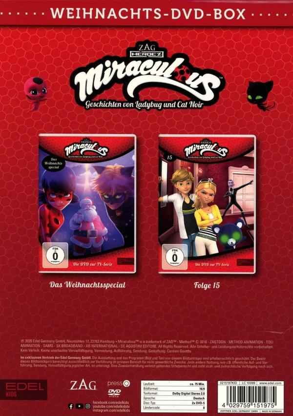 Das Cover einer Miraculous Weihnachts-DVD-Box mit zwei DVDs. Text auf Deutsch.