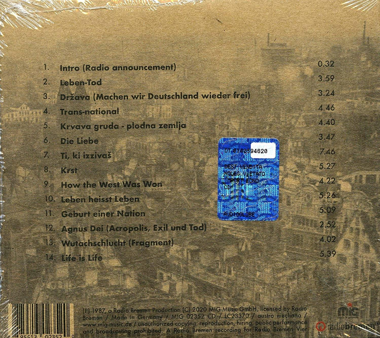 Albumcover mit Text, Tracklist und blauem Aufkleber.