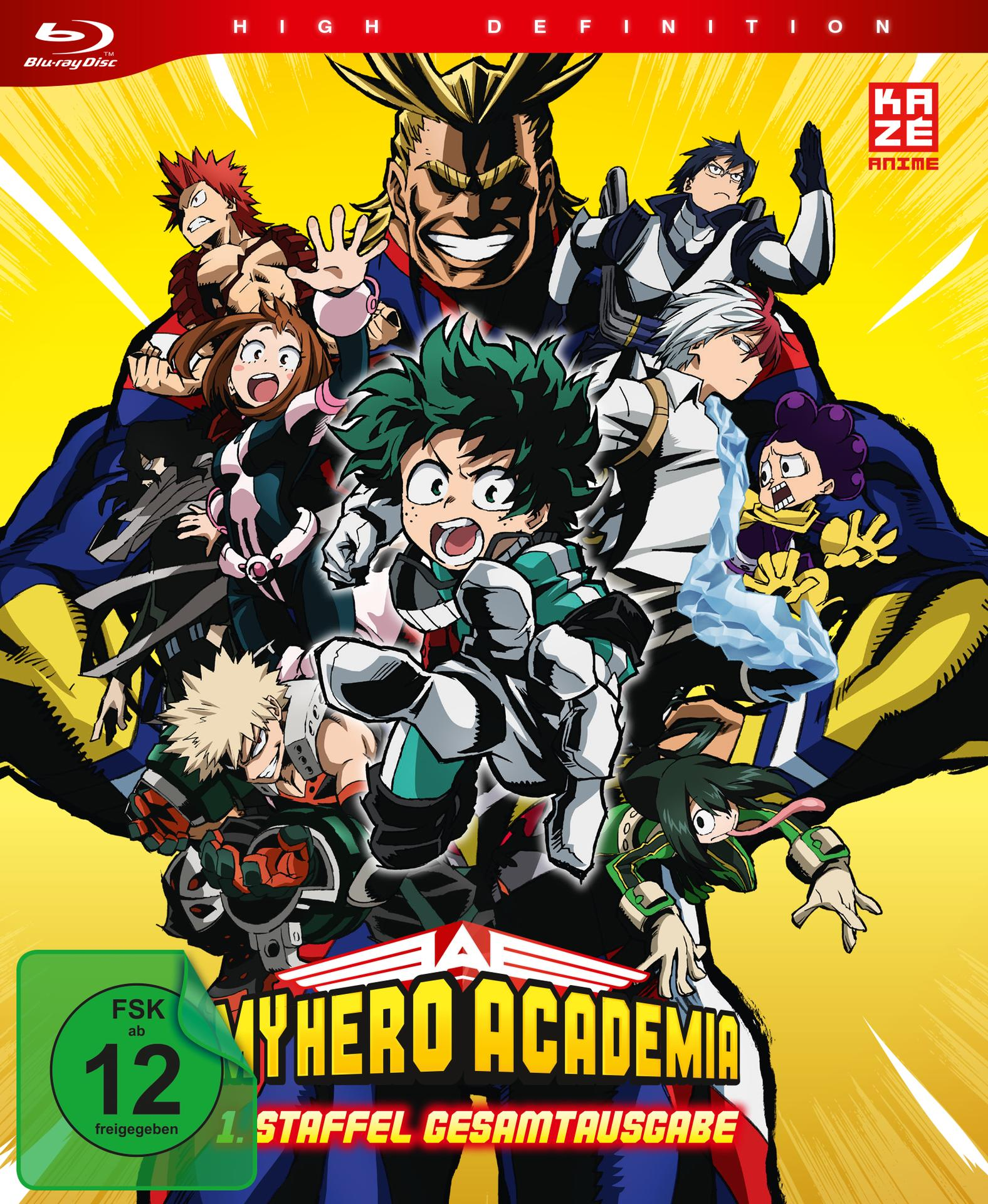 Animiertes Cover mit mehreren Charakteren aus 'My Hero Academia' mit hellen Farben und Text.
