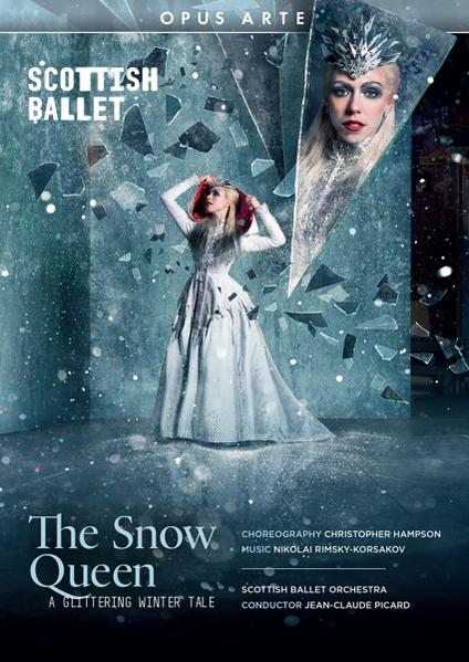 Ballettplakat mit Tänzerin in weißem Kleid in einer zerbrochenen Glasszene. Der Titel lautet "The Snow Queen".