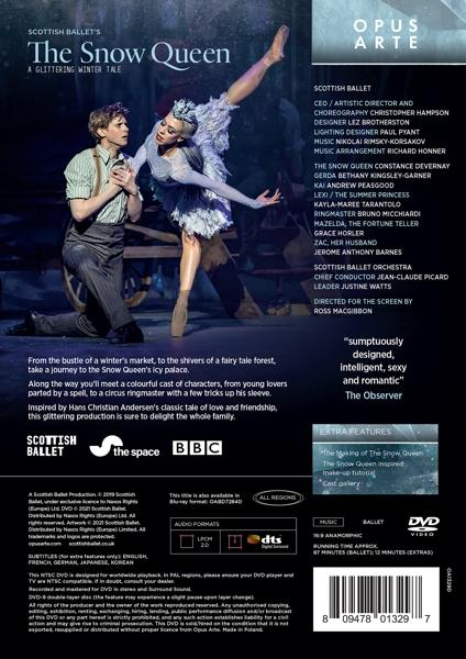 The Snow Queen DVD-Hülle: Balletttänzer auf der Bühne, Text über das Ballett und eine Liste der Credits.