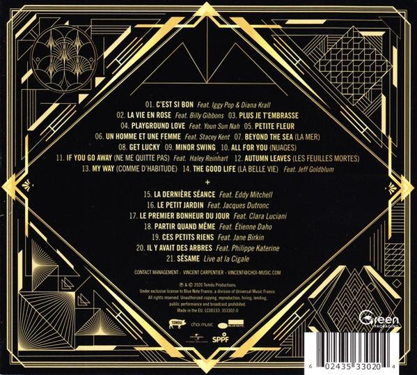 Pochette de CD avec un design géométrique doré et une liste des titres.