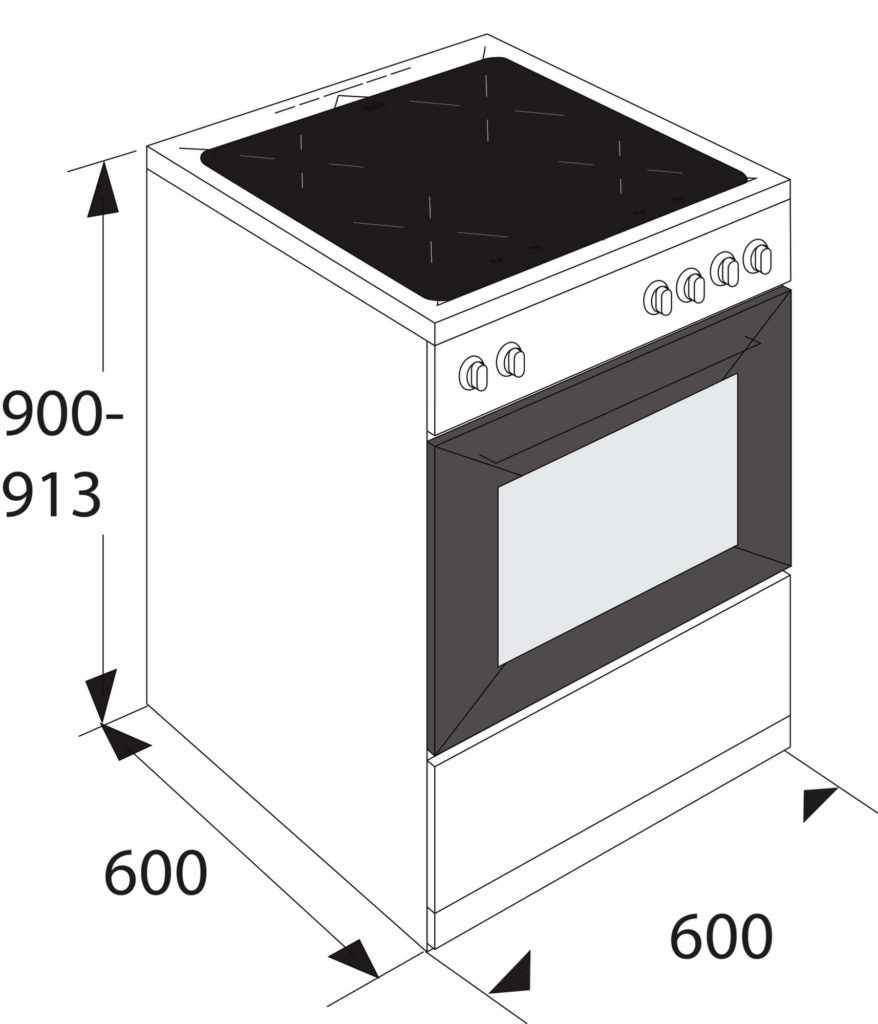 Vue isométrique d'un four blanc avec table de cuisson noire et dimensions indiquées.