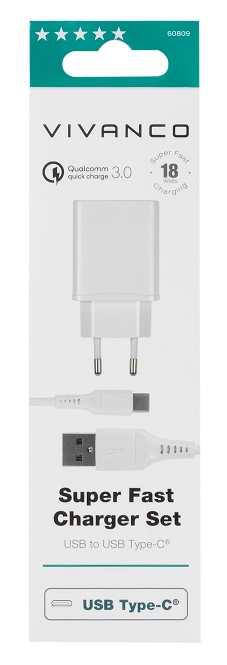 VIVANCO 60809 Ladegerät mit Qualcomm QuickCharge 3.0, 18W, inkl. 1,2m USB-Type-C-Kabel