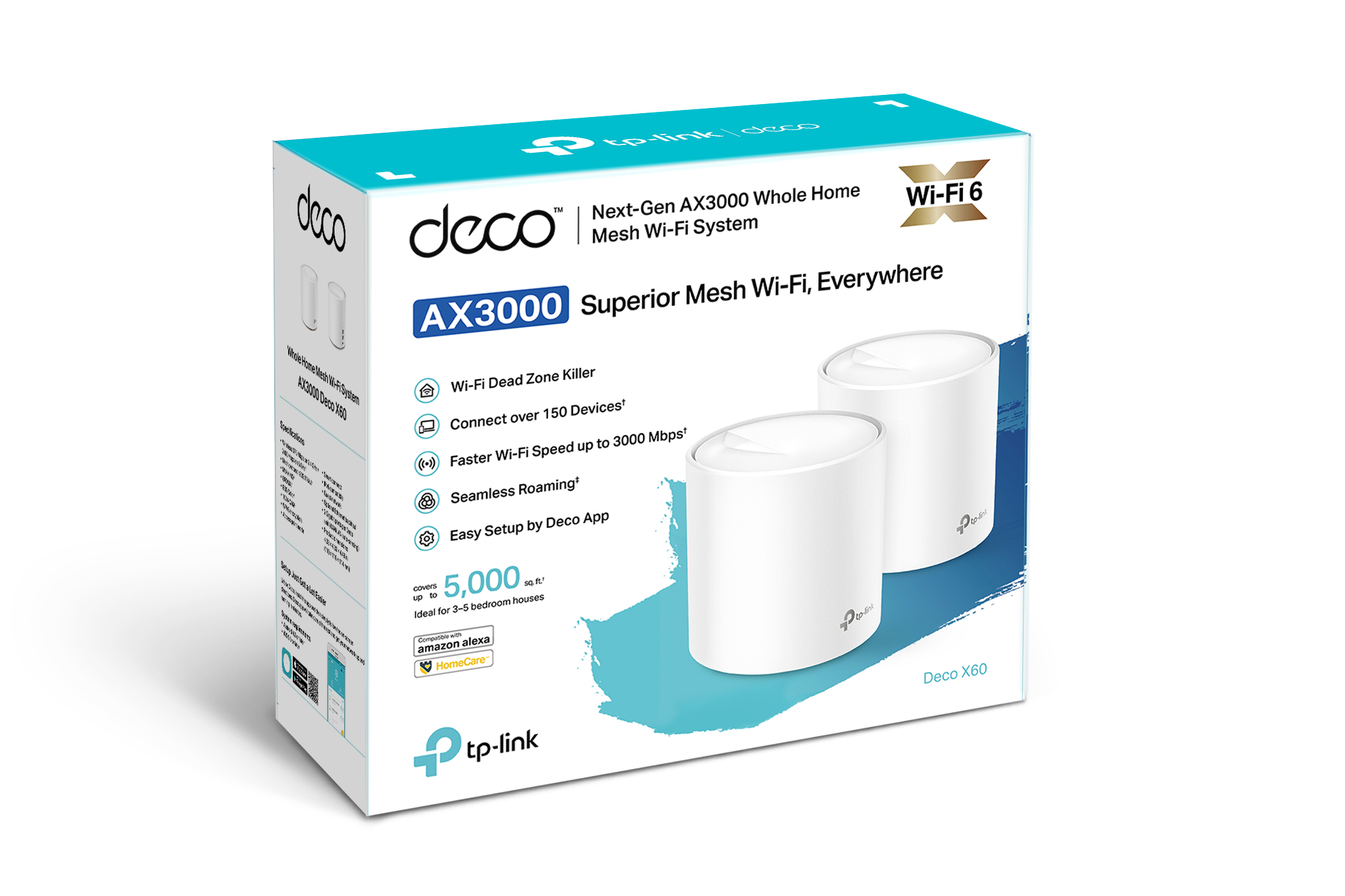 Une boîte blanche et bleue pour un système Wi-Fi mesh Deco AX3000. Elle montre deux appareils blancs et Wi-Fi 6.