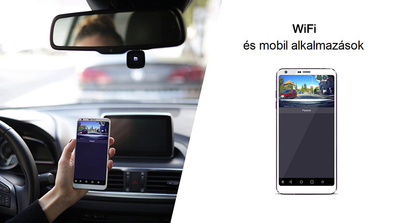 Egy személy egy autóban okostelefont használ, amely egy dashcam-et mutat. Magyar szöveg: WiFi és mobilalkalmazások.