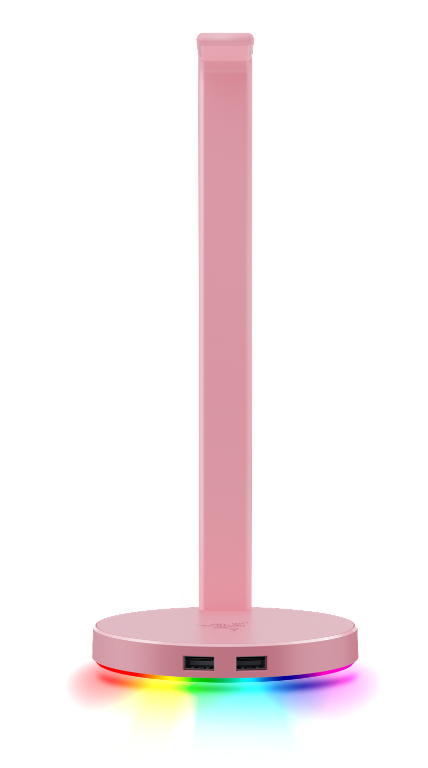Ein rosa Kopfhörerständer mit einem hohen, dünnen Pfosten und einem runden Sockel mit Lichtern.