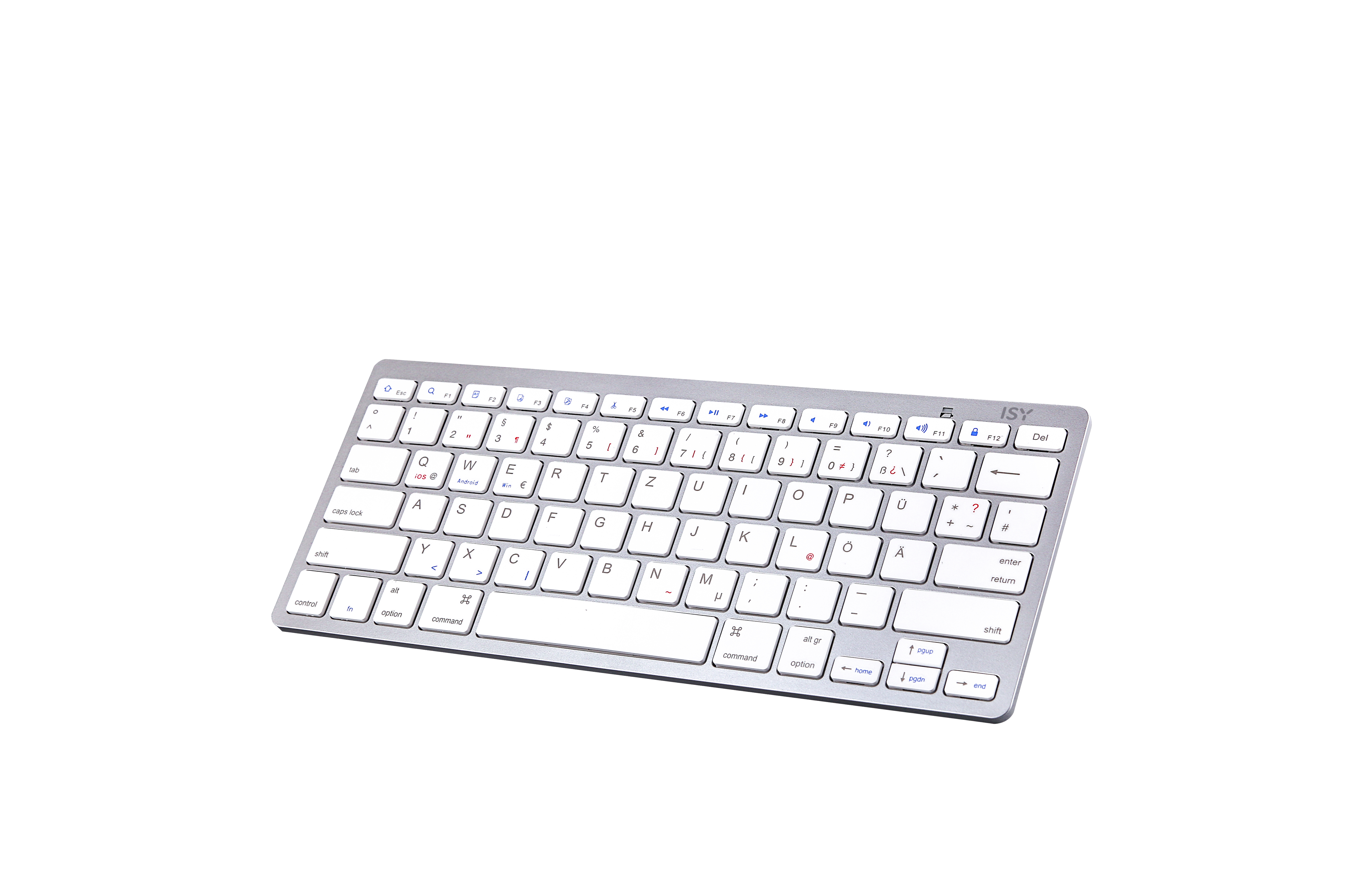 Silberne kabellose Tastatur auf weißem Hintergrund. Tastatur mit weißen Tasten und silbernem Rahmen.