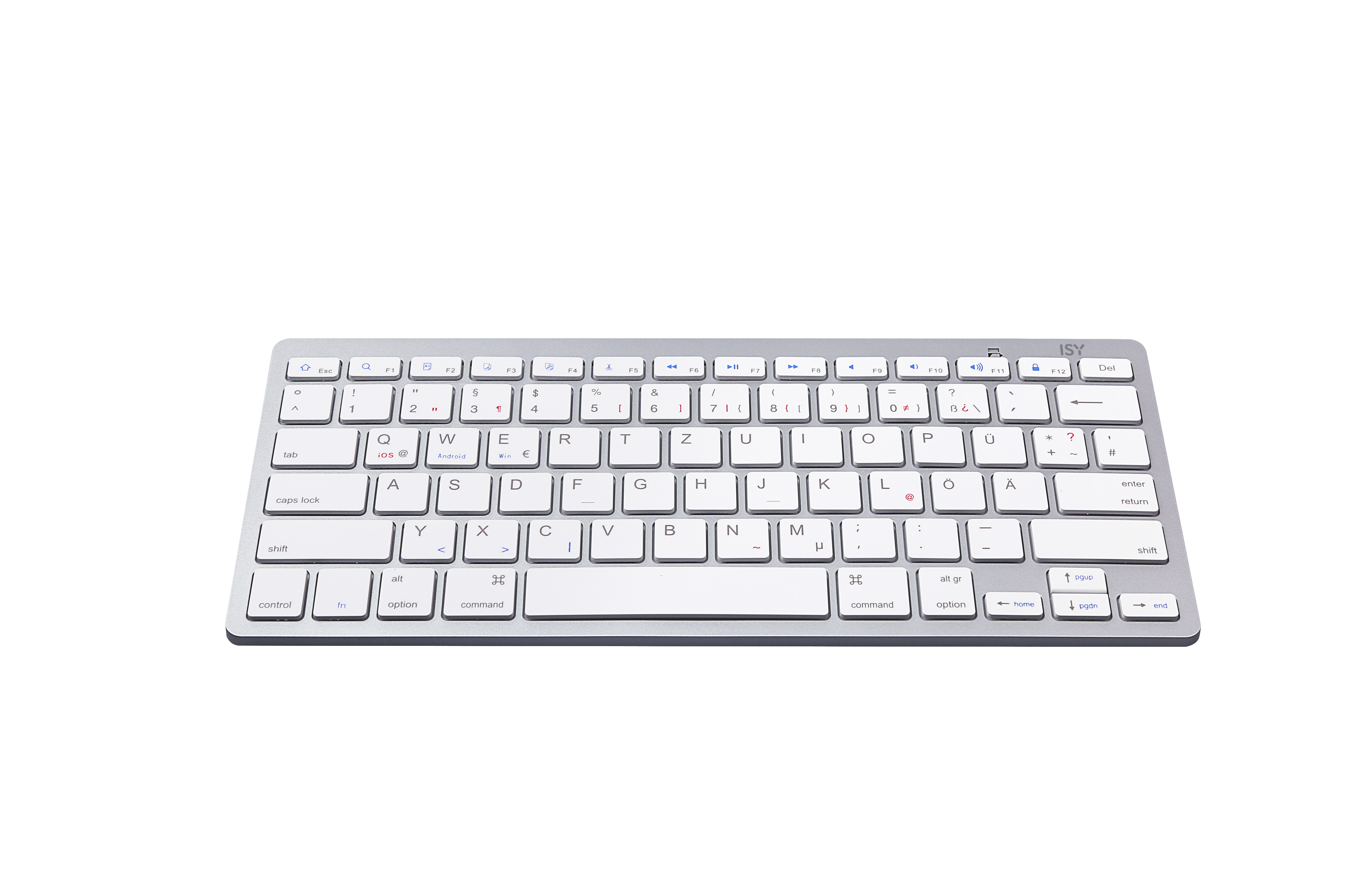Eine silberne Tastatur mit weißen Tasten und hellfarbigen Tasten, auf weißem Hintergrund.