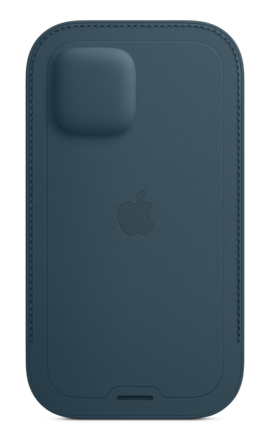 Funda de cuero azul para teléfono, con zona de cámara elevada y logotipo de Apple.