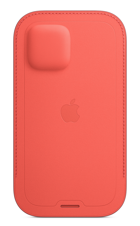 Funda de cuero roja con recorte de cámara y logotipo de Apple.