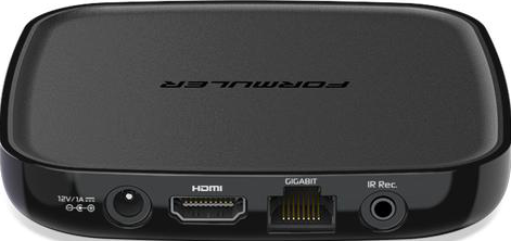 Box TV Formuler nero. Porte: HDMI, Ethernet e alimentazione, con logo sopra.