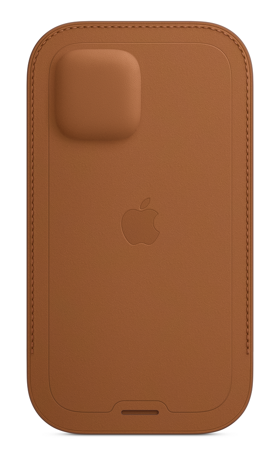 Una funda de iPhone de cuero marrón con el logotipo de Apple sobre un fondo blanco.