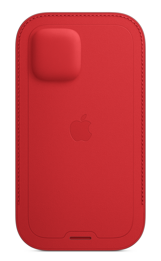 Funda de iPhone de cuero roja con el logotipo de Apple en relieve. La funda tiene un diseño simple y limpio.