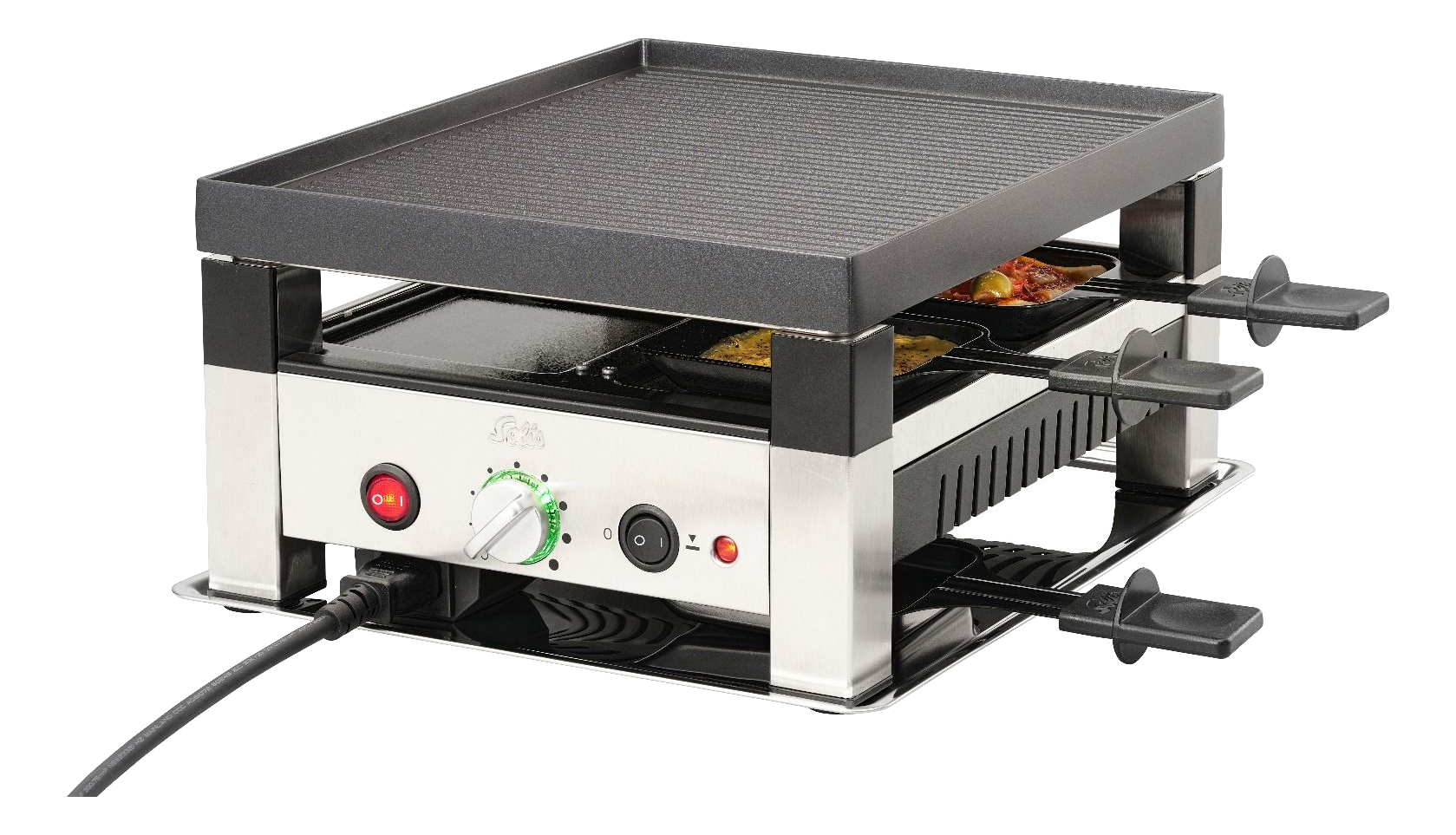 Gril à raclette argenté et noir avec surfaces de cuisson.