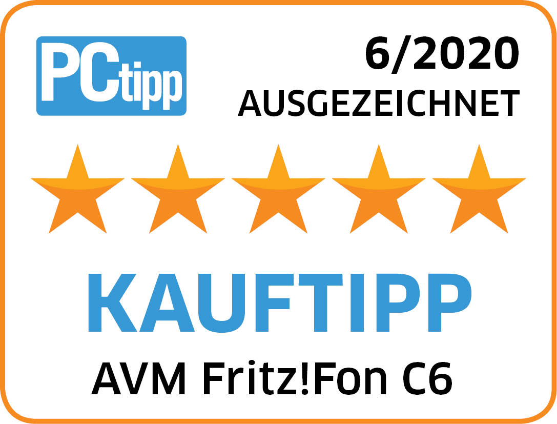 Ein Ausweis mit fünf goldenen Sternen und dem Text „Kauftipp AVM Fritz!Fon C6“.