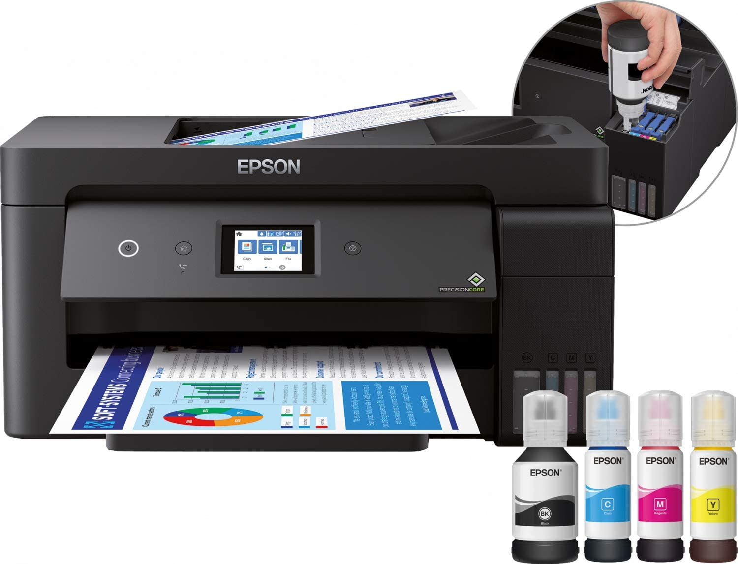 Schwarzer Epson-Drucker mit Papier, Tintenflaschen und einer Aufnahme von jemandem, der Tinte nachfüllt.