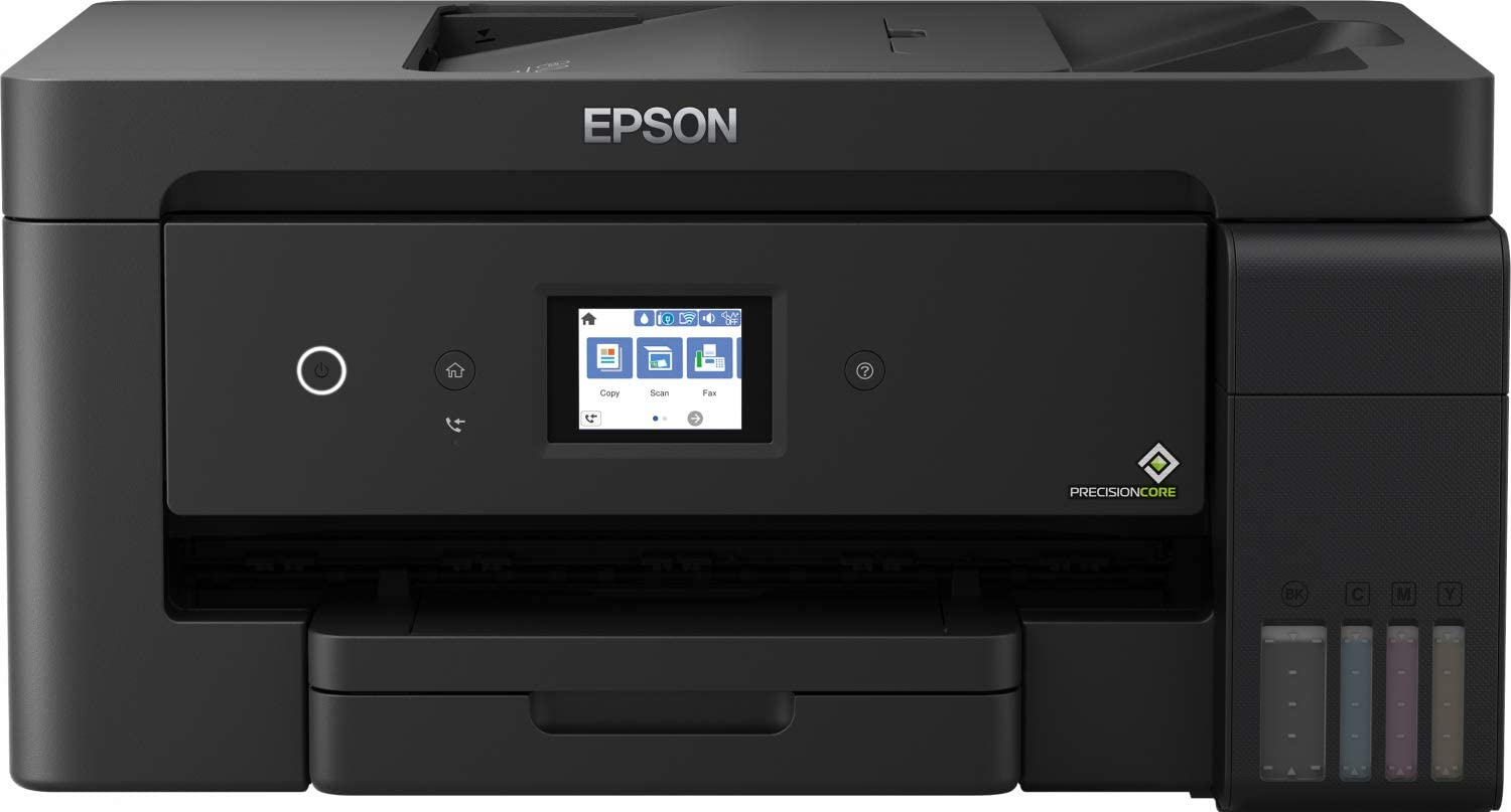 Schwarzer Epson-Drucker mit Bildschirm, Knöpfen und Tintenbehältern auf weißer Oberfläche.