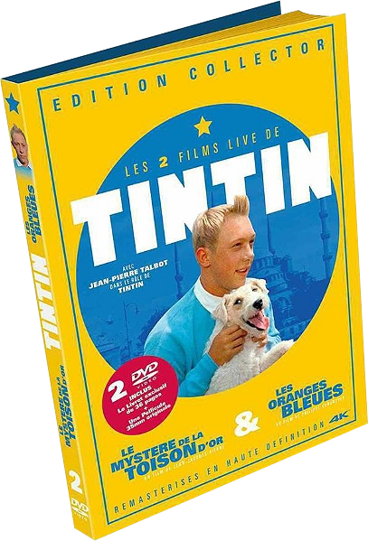 DVD-hoes met Kuifje en Bobbie, gele achtergrond en Franse tekst.