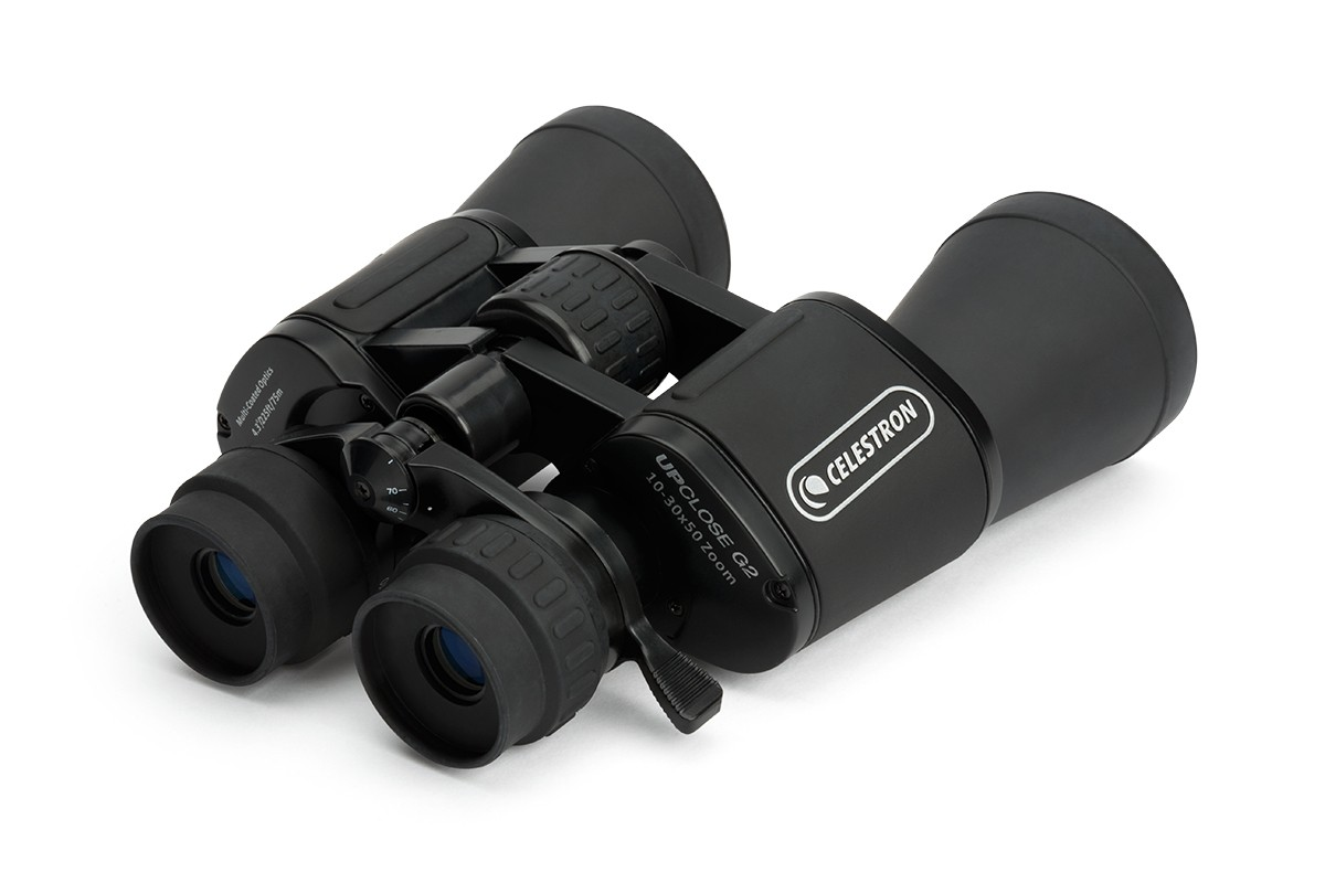 Black binoculars with silver details on a white background.