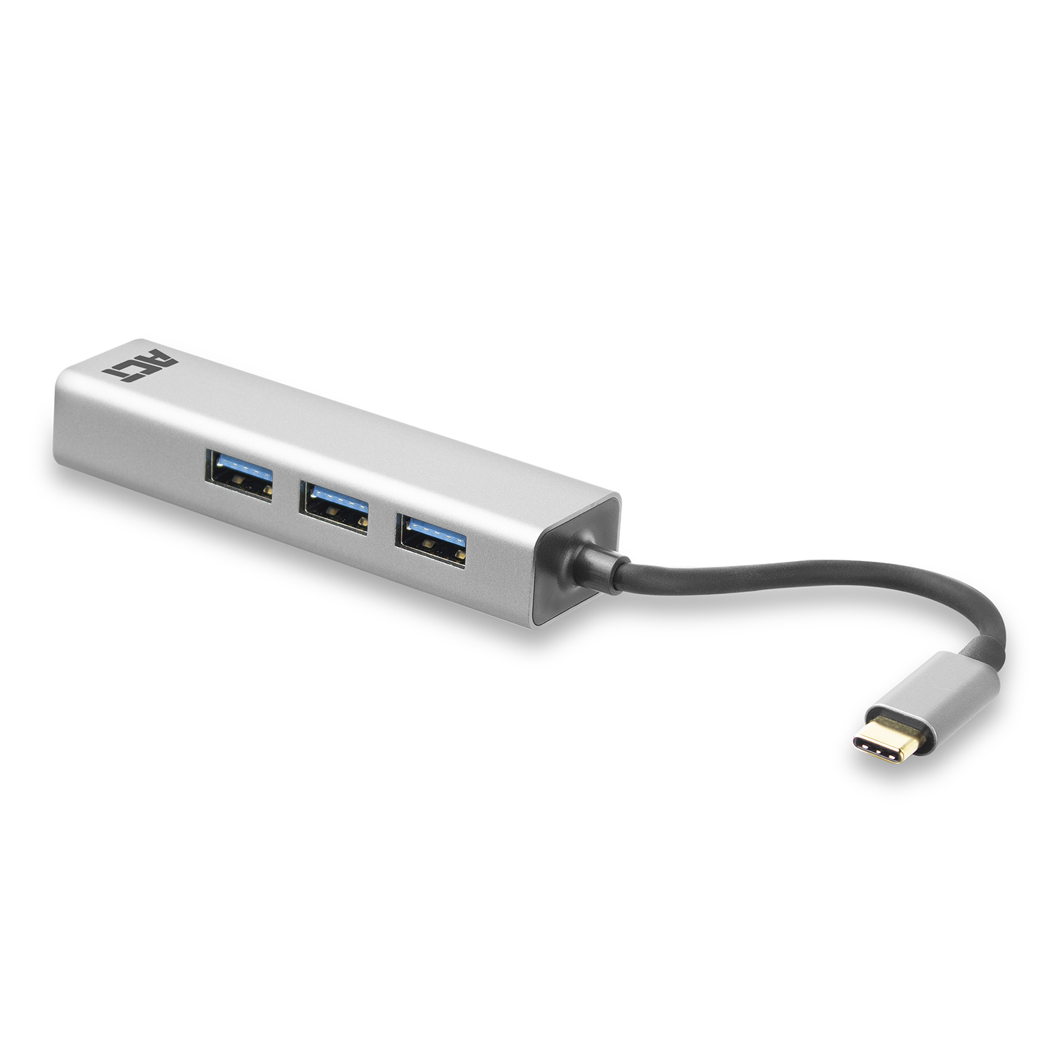 Silver USB hub with 3 USB ports and a USB-C connector. Black cable.