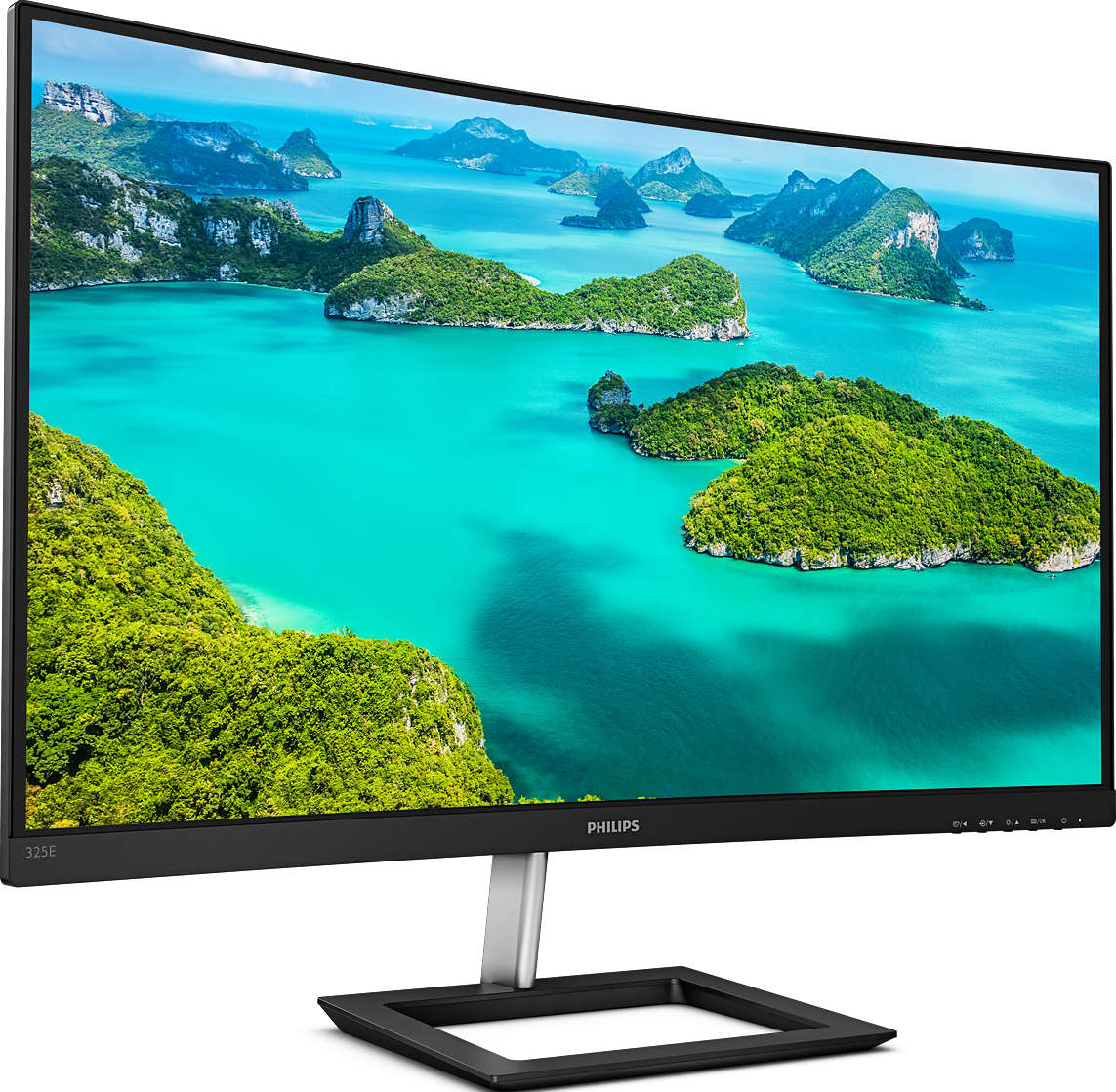 Un moniteur Philips à bordure fine affiche un paysage tropical d'îles et de mer sur son écran.