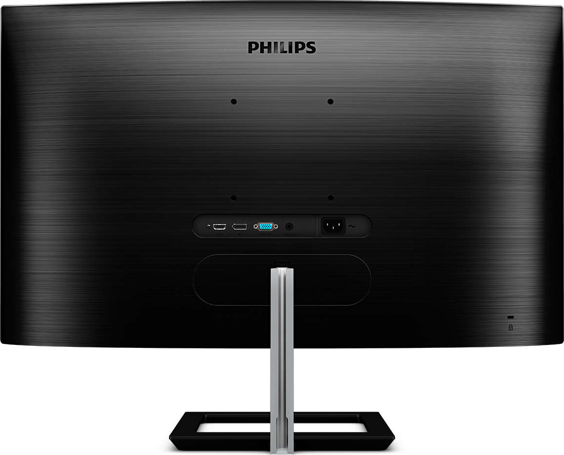 Vue arrière d'un moniteur incurvé Philips montrant les ports et un pied argenté.