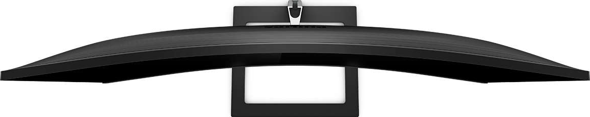 Vue de haut d'un moniteur d'ordinateur noir et incurvé avec un pied rectangulaire.