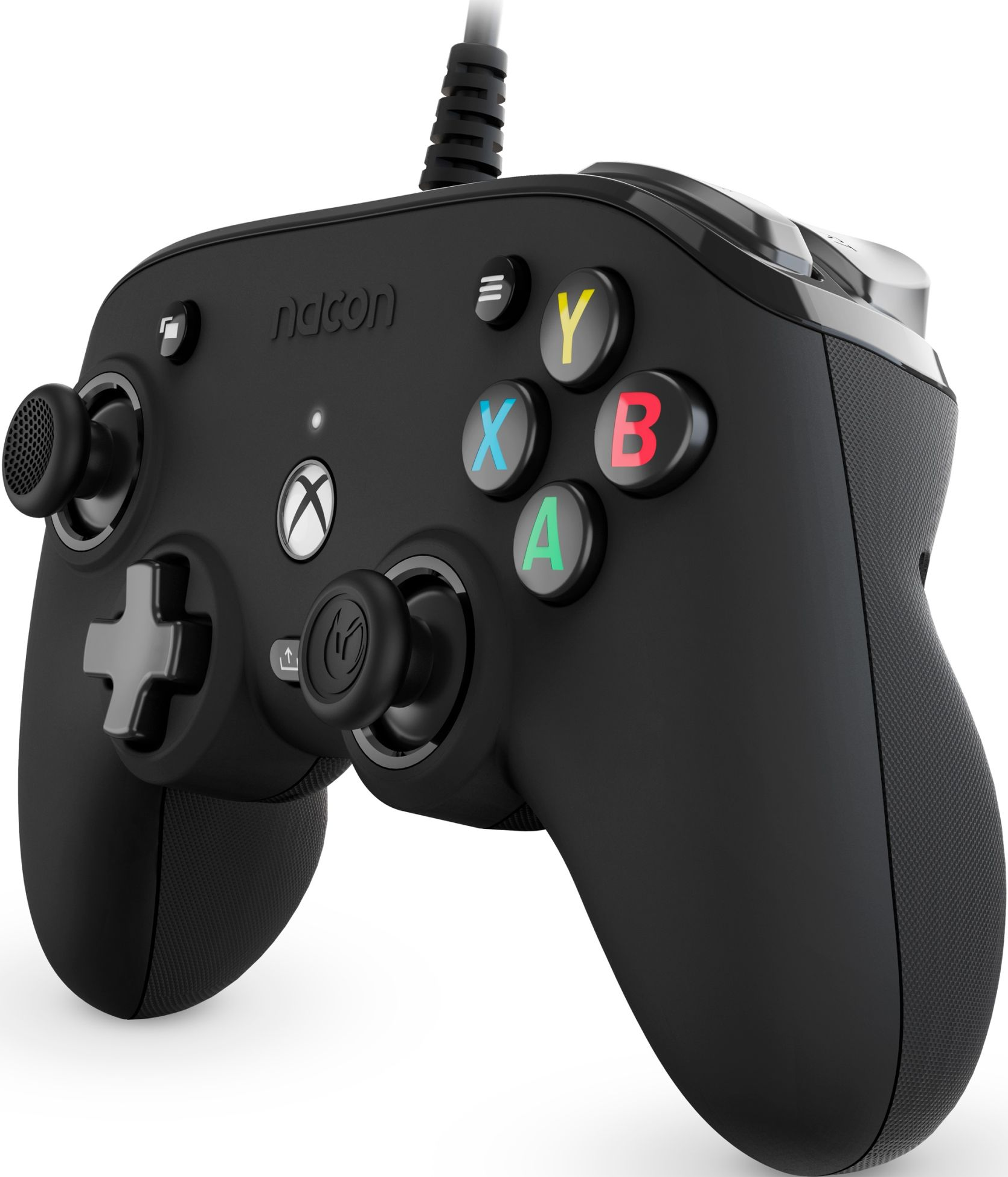 Une manette Nacon Xbox noire avec des boutons colorés. Montre les boutons et les joysticks.
