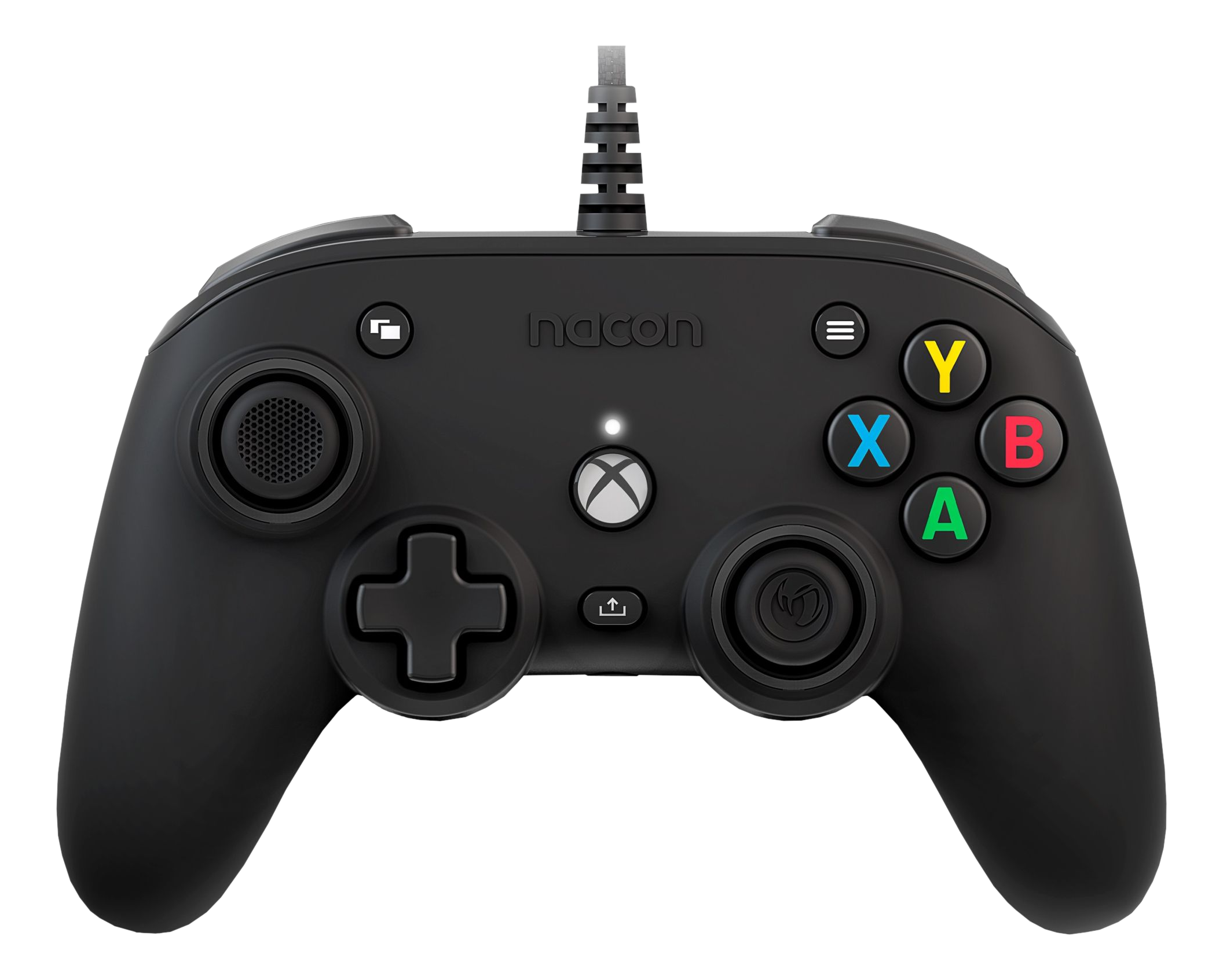 Manette Xbox Nacon noire avec boutons colorés et connexion filaire. Vue de dessus.