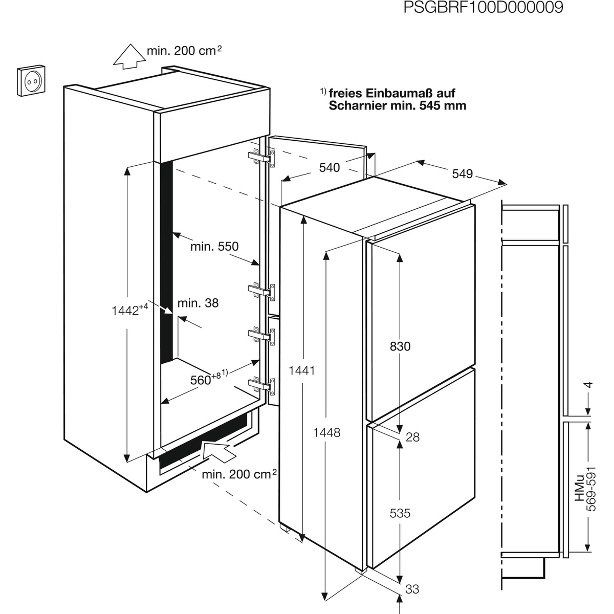 Diagramm eines Kühlschranks mit Abmessungen und technischen Details.