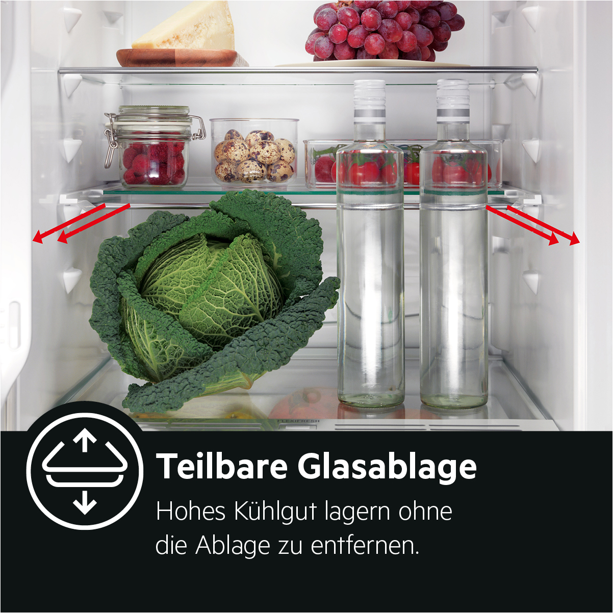 Kühlschrankinnenraum mit Regalen, Gemüse und Text auf Deutsch über verstellbare Regale.