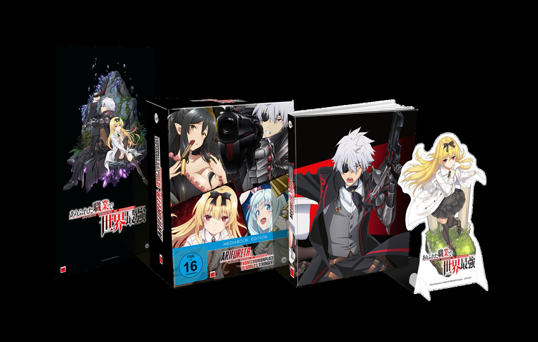Anime-Box-Set mit mehreren Covern und einem Aufsteller, mit Charakteren auf schwarzem Grund.