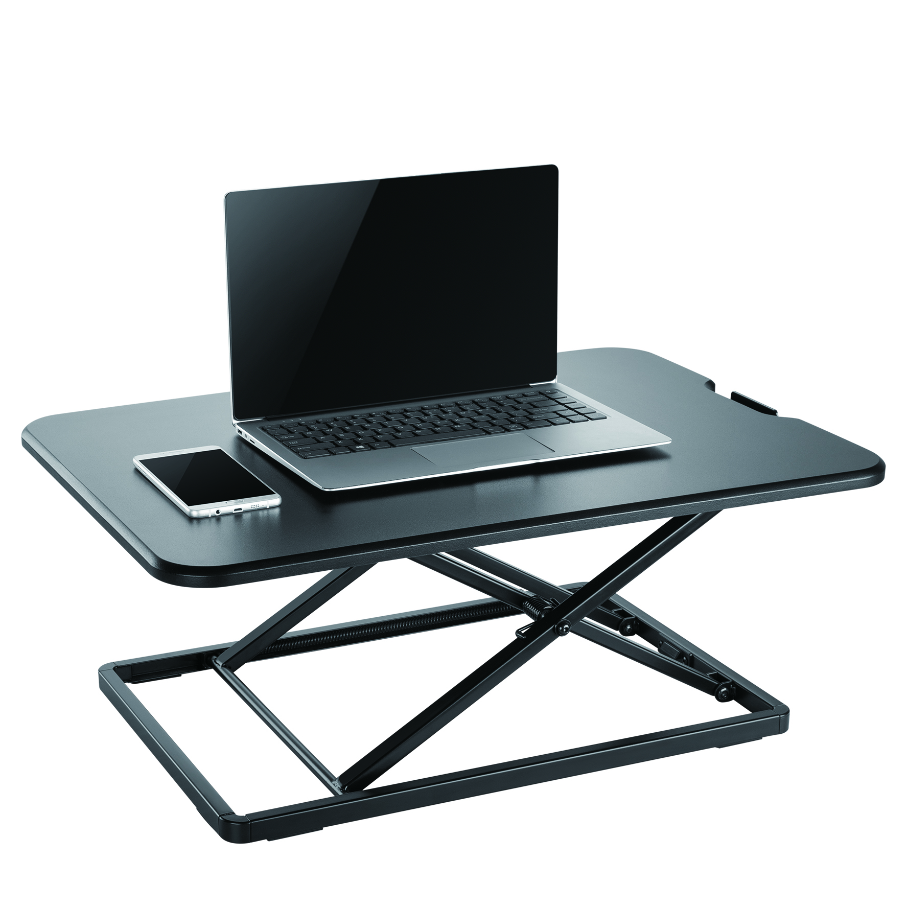 Black adjustable desk with laptop and phone. Black frame. White background.