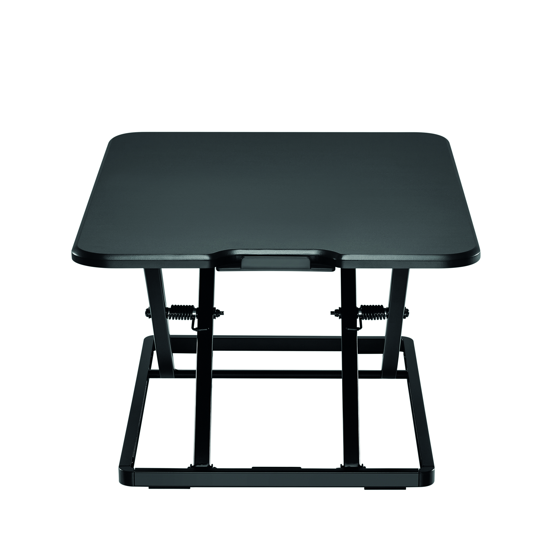 A black, height-adjustable standing desk on a white background.