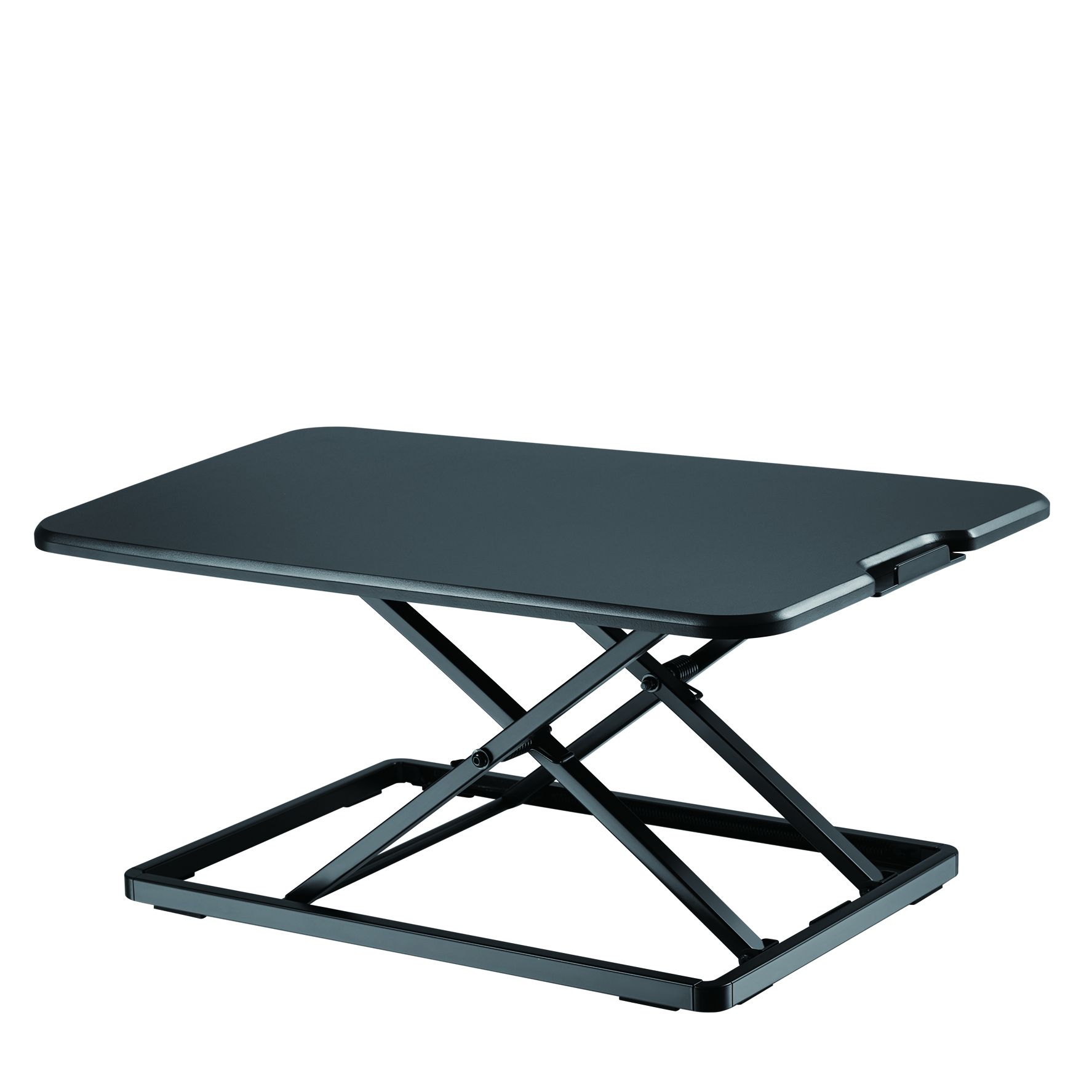 Black, height-adjustable desk with a black frame and a light background.
