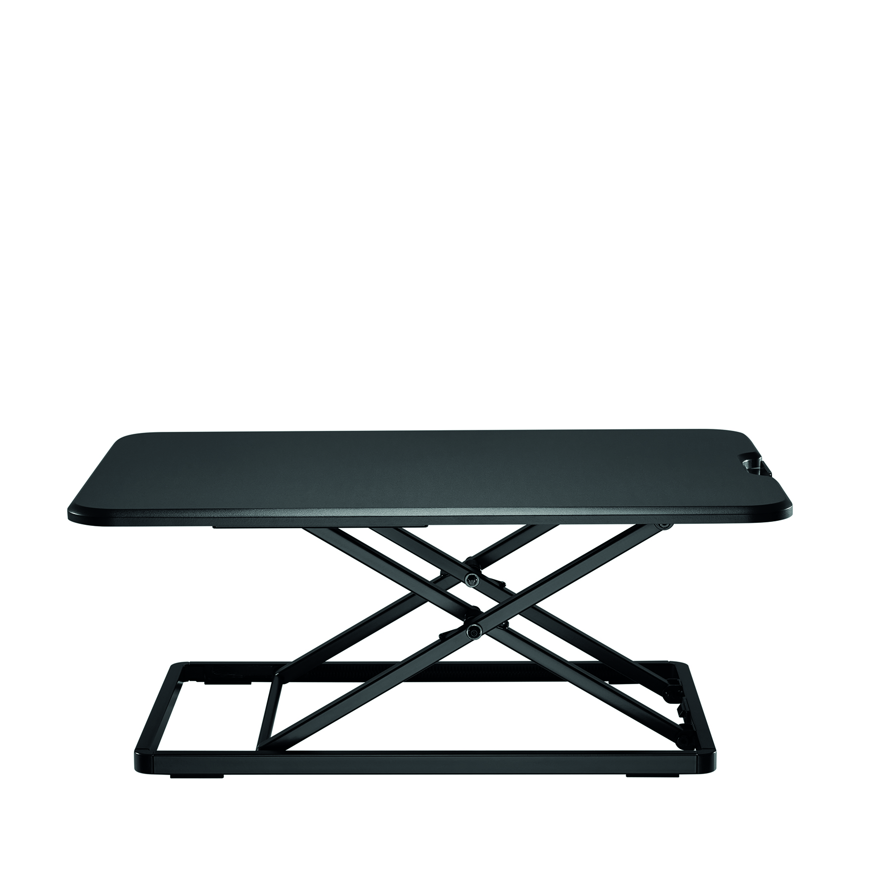 A black adjustable height desk, seen from above, with a black frame.