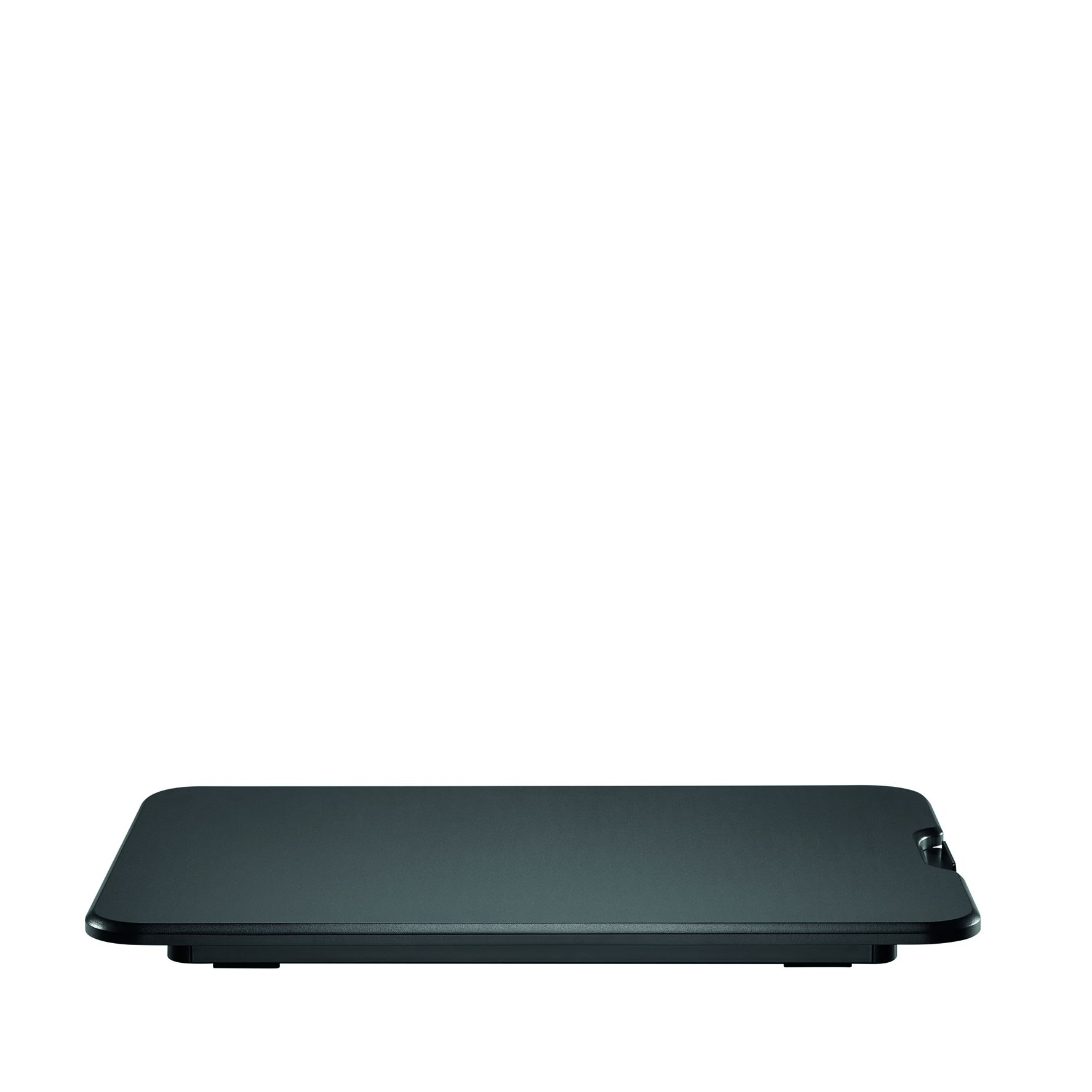 A black tablet on a white background.