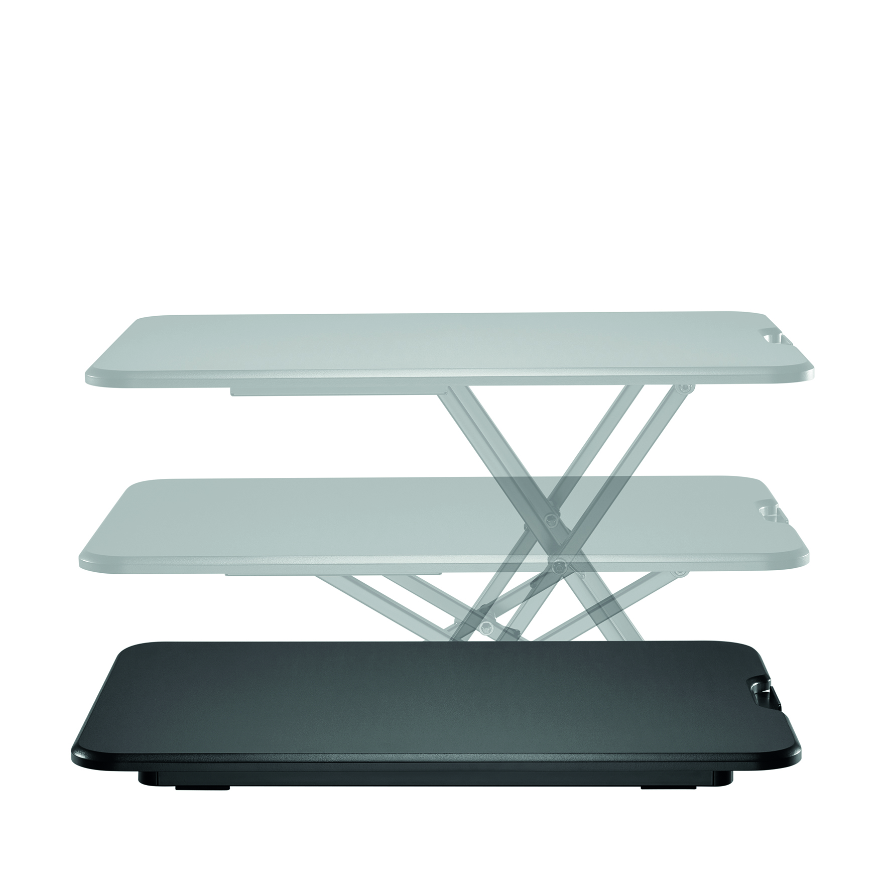 Black desk with three positions: lowered, raised partially, and raised fully.