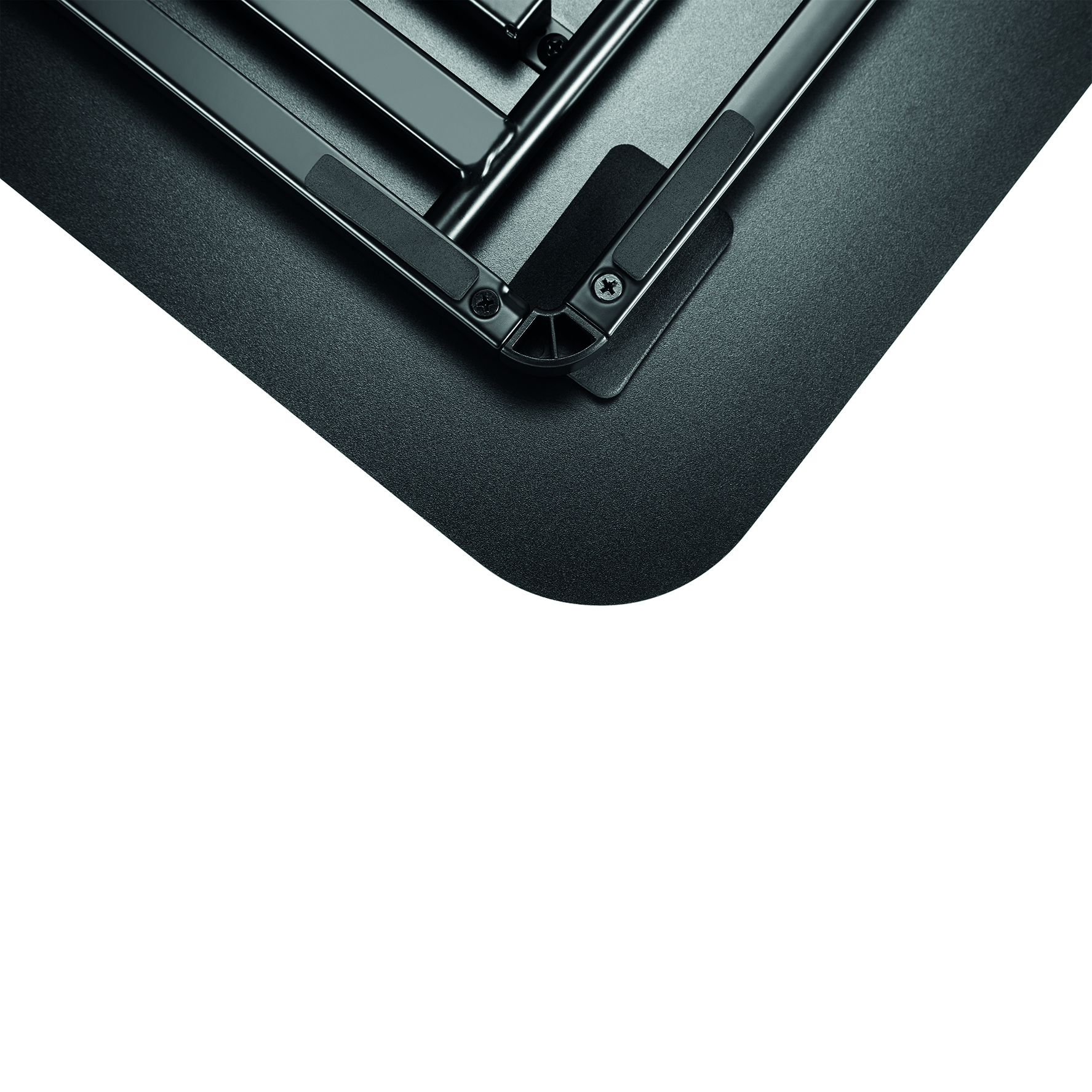 Black metal frame on a black textured surface, white background.