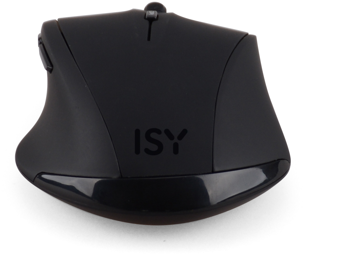 Schwarze ergonomische Maus, ISY-Logo oben, abgewinkeltes Design mit glänzendem schwarzen Akzent.