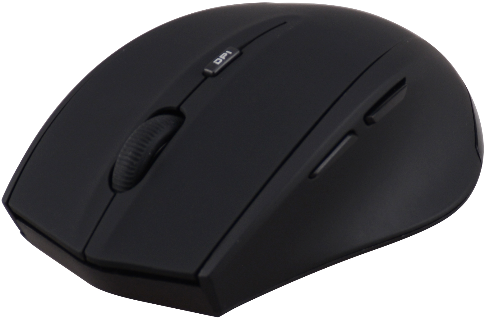Schwarze drahtlose Maus mit Scrollrad, DPI-Taste und Seitentasten.