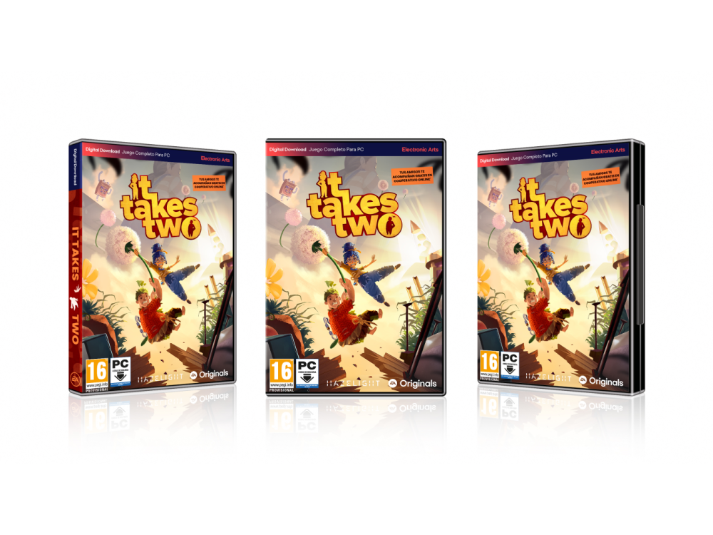 Tres cajas de juego idénticas de 'It Takes Two' se muestran en una superficie blanca.