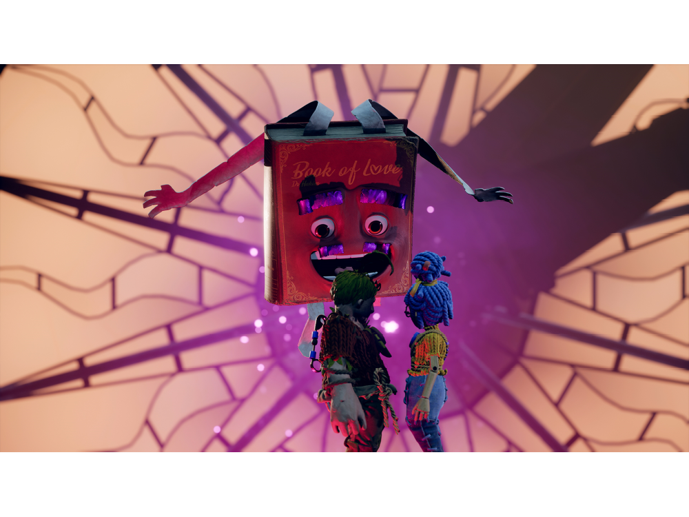 Una escena de un videojuego. Dos personajes están delante de un monstruo con forma de libro con un fondo brillante.