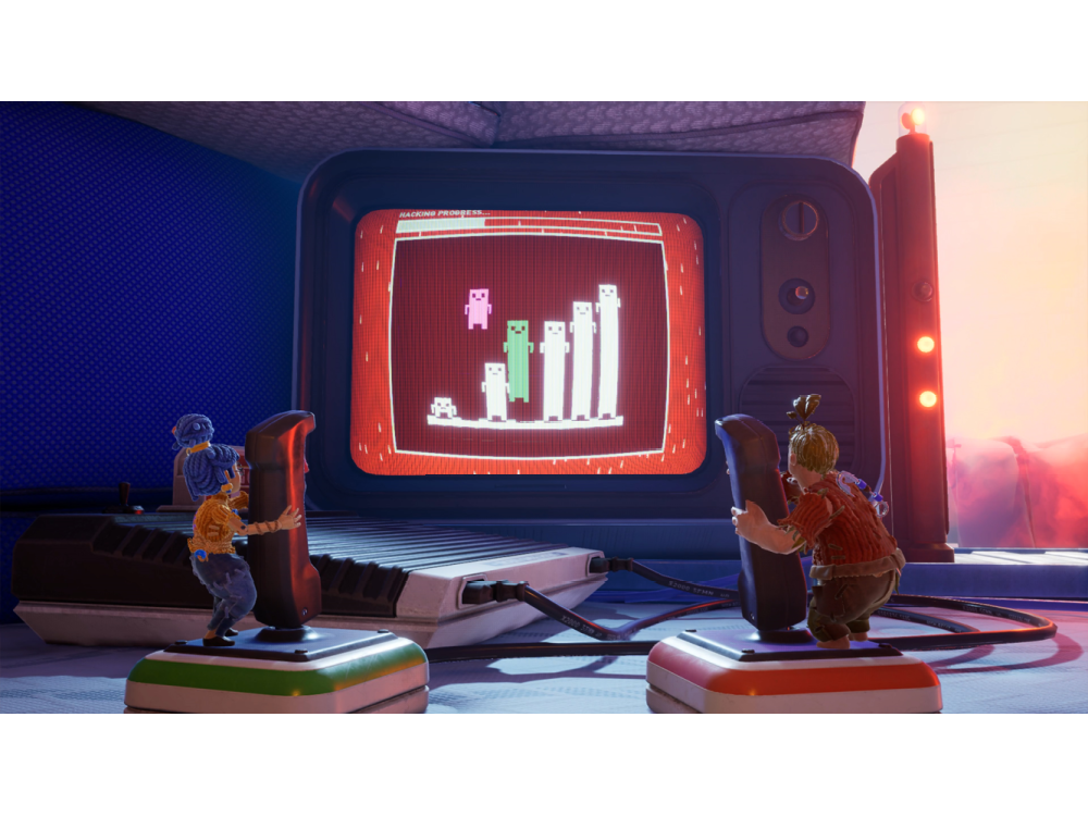 Dos personajes jugando en un televisor retro. La pantalla muestra un gráfico de barras.