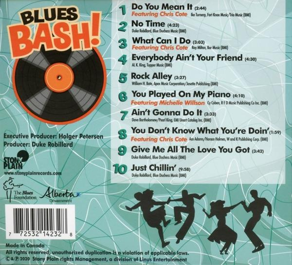 CD-Cover für das Album "Blues Bash!" mit Titellisten und einer tanzenden Silhouette.