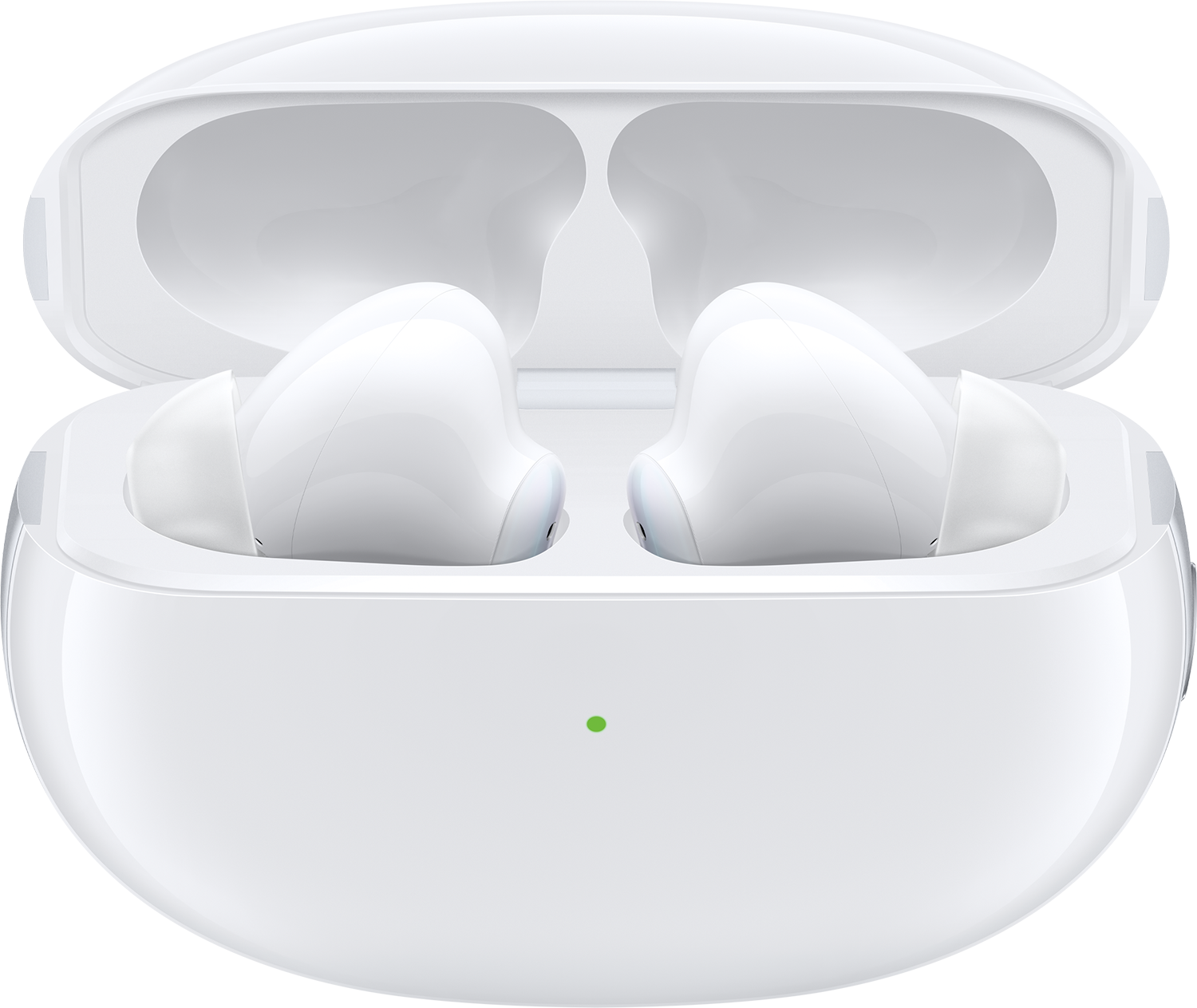 Witte oordopjes in een oplaadcase. De case is open en toont de oordopjes.