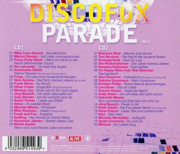 Die Rückseite einer „DISCOFOX PARADE“-Musik-CD mit Titelliste und Details.
